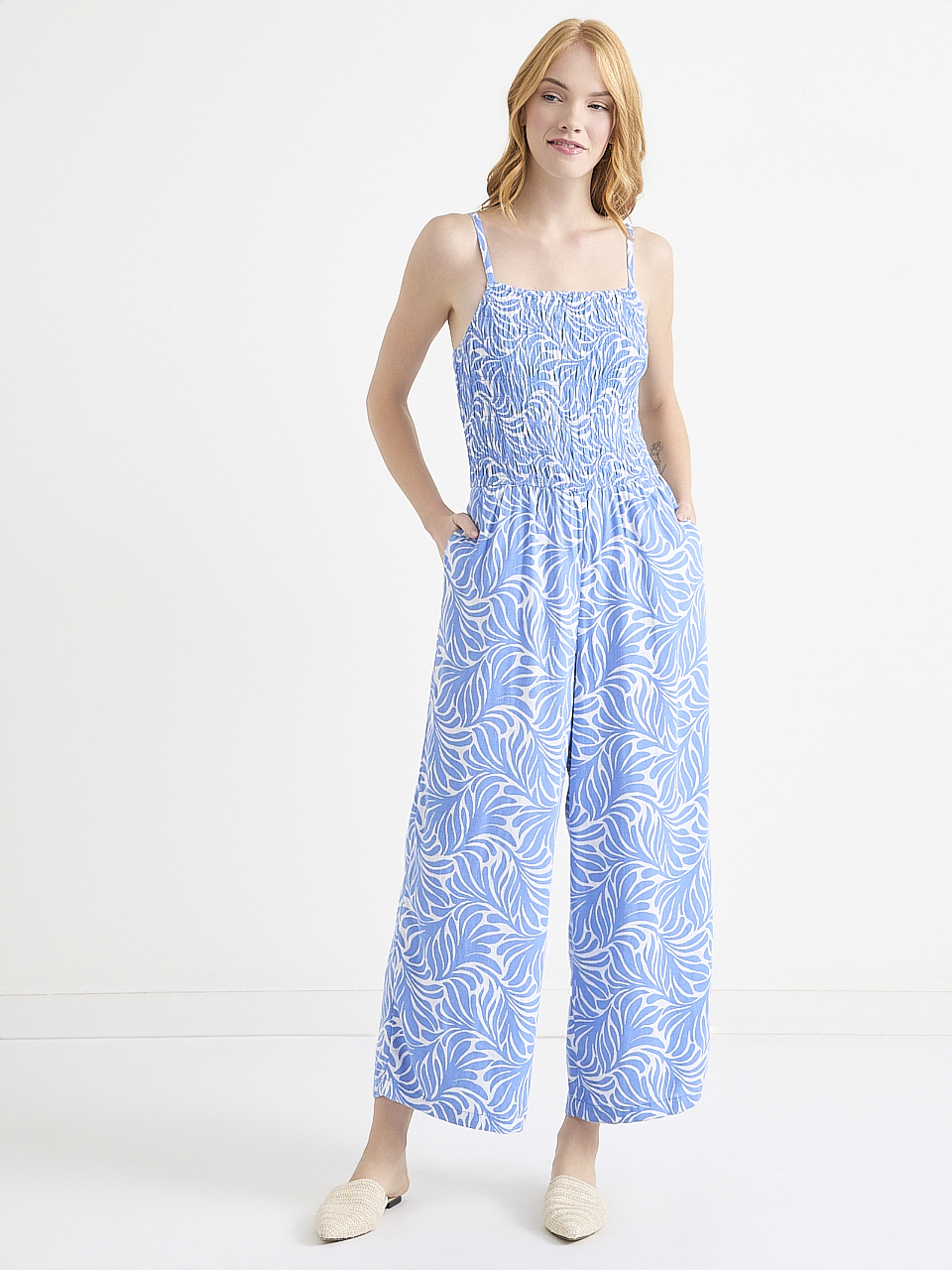 Linen Smocked-Bodice Crop Jumpsuit