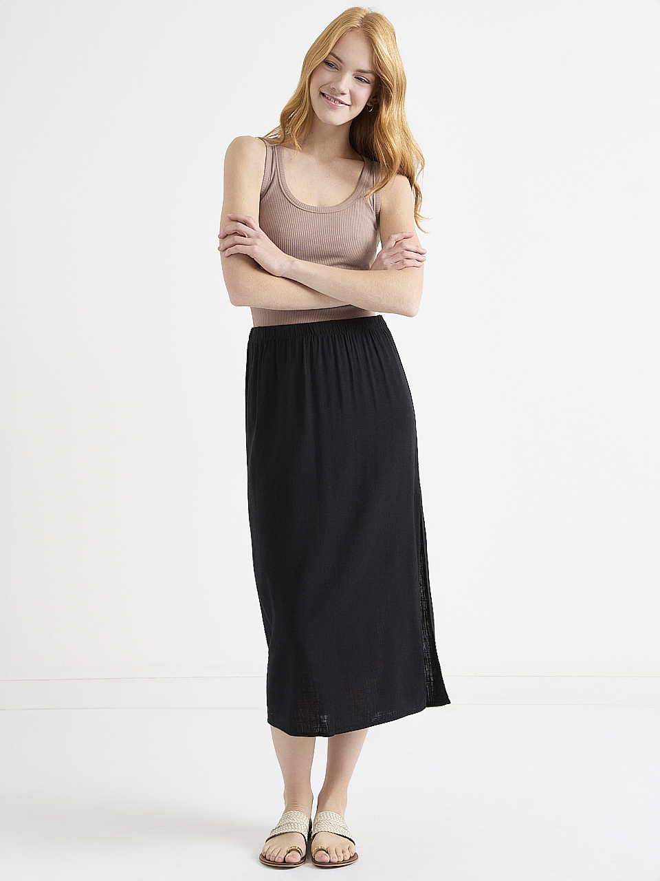 Linen-Blend Midi Column Skirt