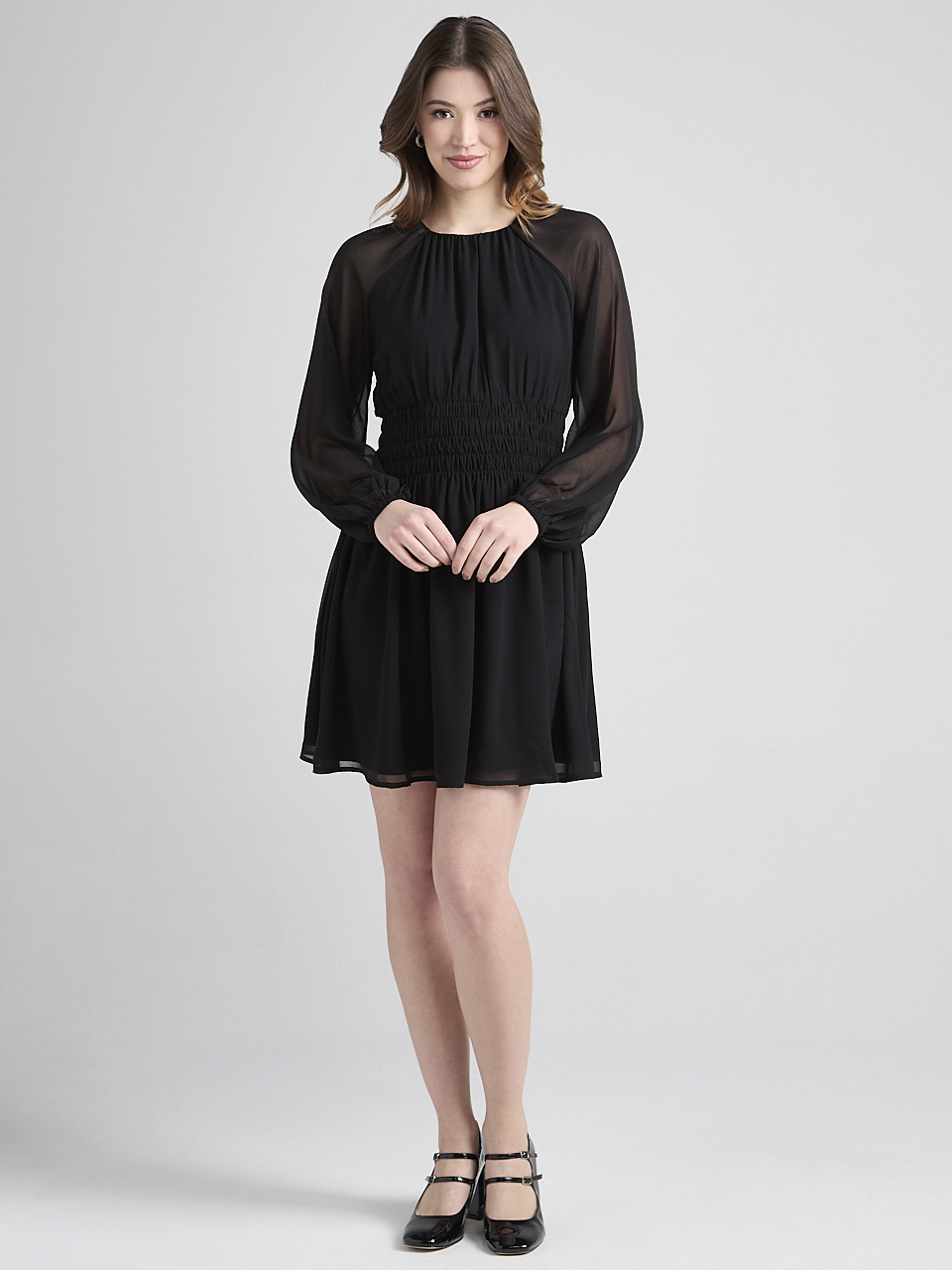 Chiffon Pleat Neck Smocked Waist Mini Dress