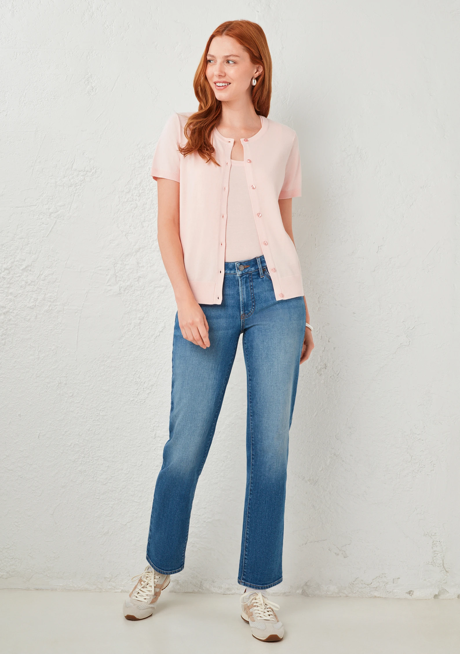 Short Sleeve Button Front Cardigan Peach