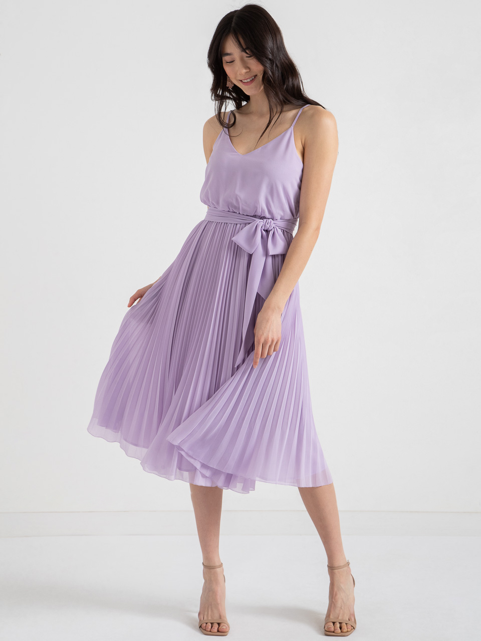 V-Neck Pleated Skirt Midi Dress Purple