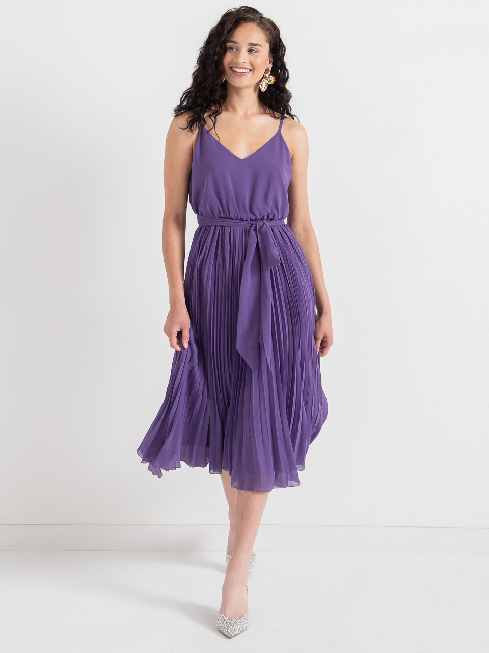 V-Neck Pleated Skirt Midi Dress Purple