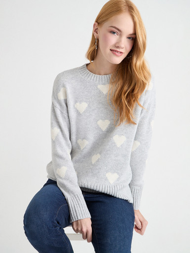 トップス Heart loose knit gray Crew Neck Knit Heart Sweater | Ricki's