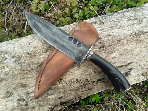 Broad bladed belt knife with horn handle and iron fittings