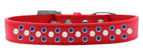 Sprinkles Dog Collar Pearl and Blue Crystals Size 14 Red