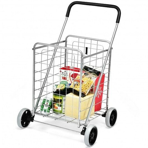 Portable Folding Shopping Cart Utility for Grocery Laundry-Silver - Color: Silver