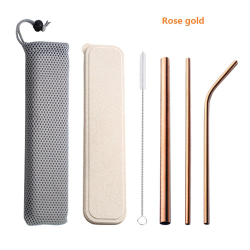 Color: Rose gold, Quantity: 1 Set - 304 Stainless Steel Drinking Straw Set With Brush & Pouch