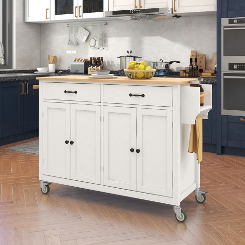 Kitchen Island Cart with Solid Wood Top and Locking Wheels,54.3 Inch Width,4 Door Cabinet and Two D