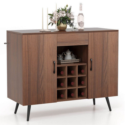 Mid-century Modern Buffet Sideboard Server Cabinet with 9-Bottle Wine Rack-Walnut - Color: Walnut