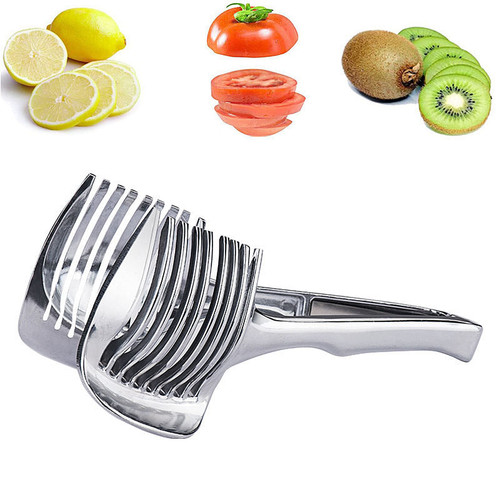 1pc Tomato Lemon Slicer Holder; Round Fruits Onion Shredder Cutter Guide Tongs With Handle; Stainle