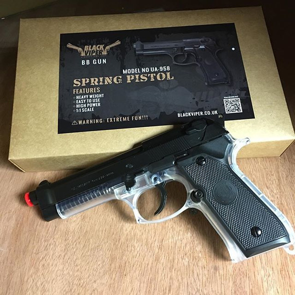 Blackviper Heavyweight M92F Spring-Powered Airsoft Pistol in Black/Clear