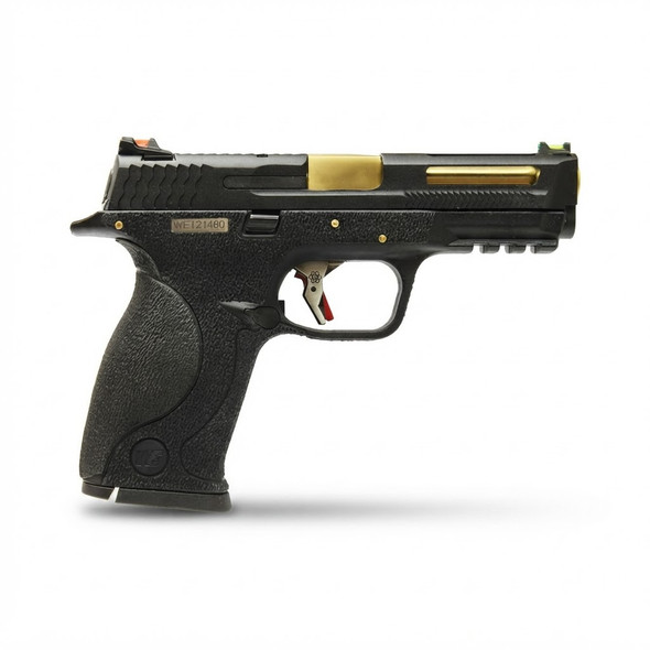 Left profile view of the WE Tech BB FORCE T1 Airsoft Pistol in Black Slide with Gold Barrel highlighting the serial tag.