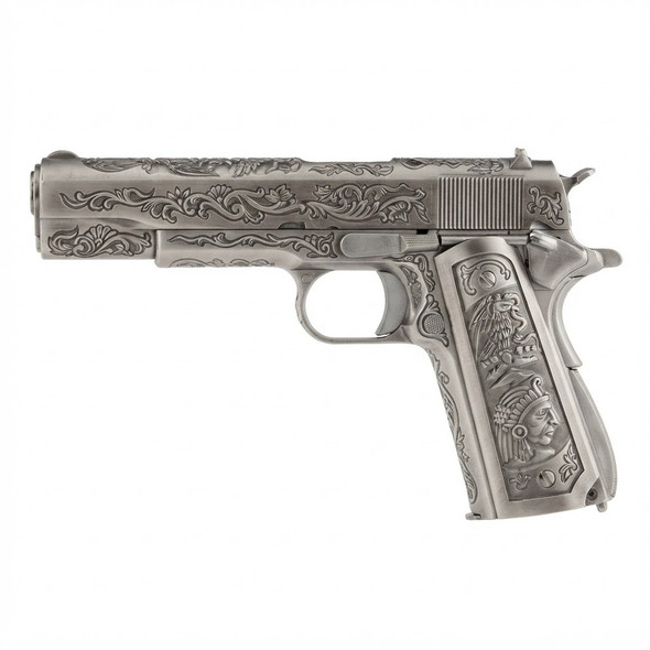 Side profile view of the WE 1911 Floral Engraved ‘Mehico Druglord’ Gas Blowback Airsoft Pistol in Silver.