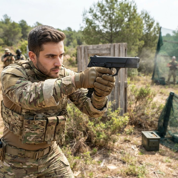 Player using the Concorde Defender Co2 Cal.50 Semi Auto Paintball Marker Airsoft Pistol in Black during a match