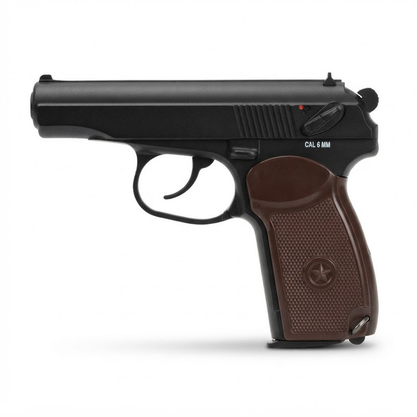 Left profile of the KWC PM Makarov MKV CO2 Blowback Airsoft Pistol in Black showing the safety and caliber markings.