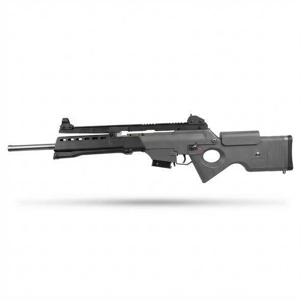 JG Works G36 SL8 Airsoft Rifle with Bipod in Black, side view with folded bipod on white background