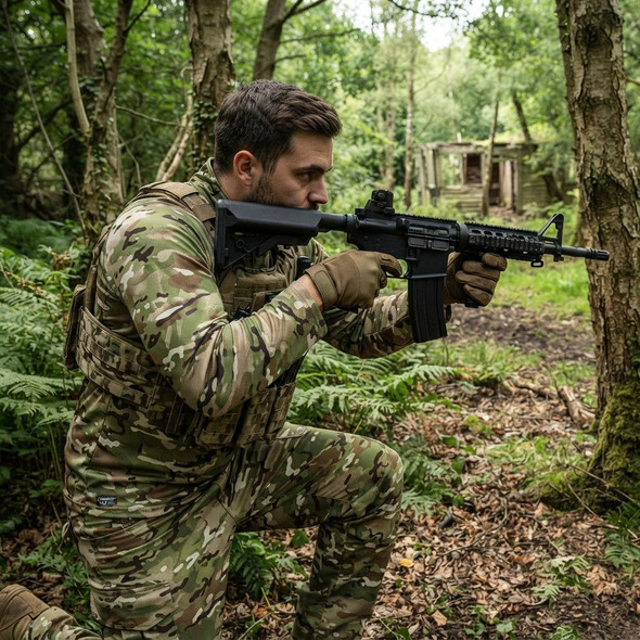 Man kneeling in woodland wearing Kombat UK - Lightweight Operators Mesh Top in BTP Camo under a tactical vest, aiming rifle