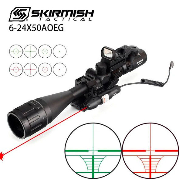 Skirmish Tactical - 6-24X50 AOEG Rifle Scope with Laser & Red Dot Sight in Black