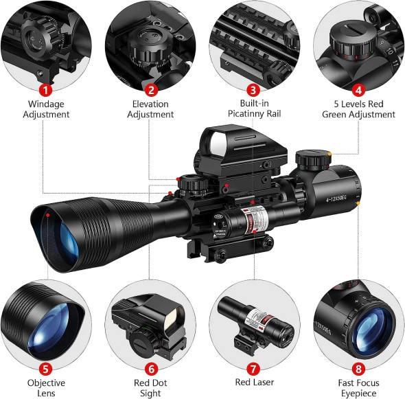 Skirmish Tactical - 4-12X50 Rifle Scope with Red Dot & Red Laser Combo Holographic Sight in Black