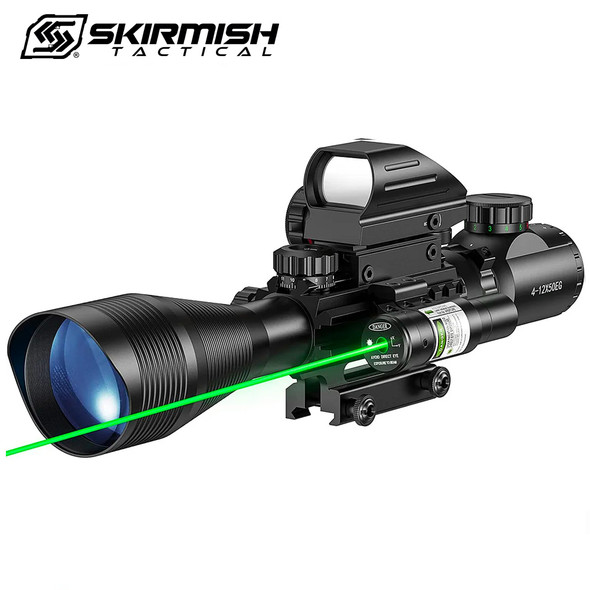 Skirmish Tactical - 4-12X50 Airsoft Rifle Scope with Red Dot and Green Laser Combo Holographic Sight in Black
