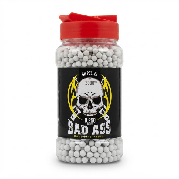 Front view of Bad Ass BB Pellets  2000 X 0.25G Pot with a red cap and white BBs visible in the clear pot.
