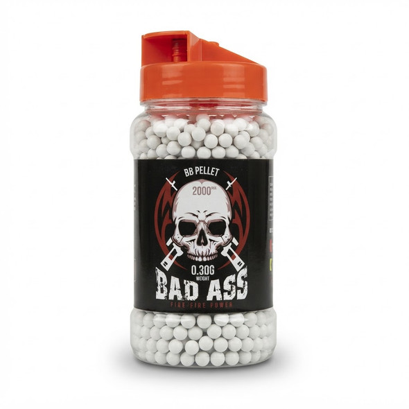 Bad Ass BB Pellets  2000 X 0.30G Pot, front view of clear pot filled with white BBs and topped with an orange dispenser cap