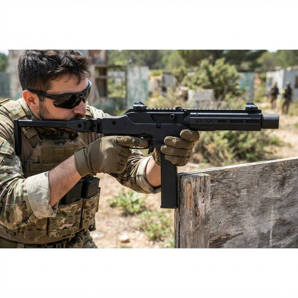 Vorsk VMP-2SD Gas Blowback Submachine Gun with Folding Stock in Black (Semi Auto 330 FPS) aimed over a barrier