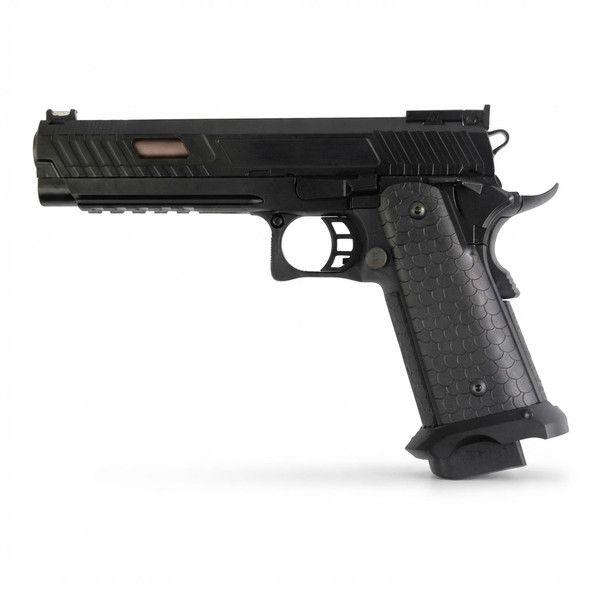 Right profile view of the Double Bell JW3 Baba Yaga Gas Blowback Airsoft Pistol with Deluxe Collector Box in Black (789+).