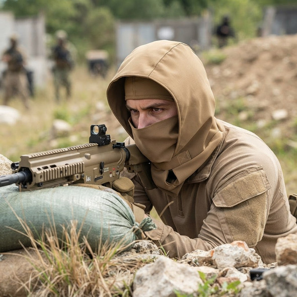 A soldier in the field wearing Big Foot - Night Protection Tactical Headgear in Desert Tan (Cordura) aiming a rifle.