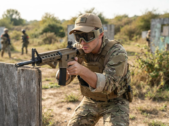 Nuprol Battle Visor THERMAL EN166 Protective Airsoft Goggles (Tan-Smoked) worn by a player aiming outdoors