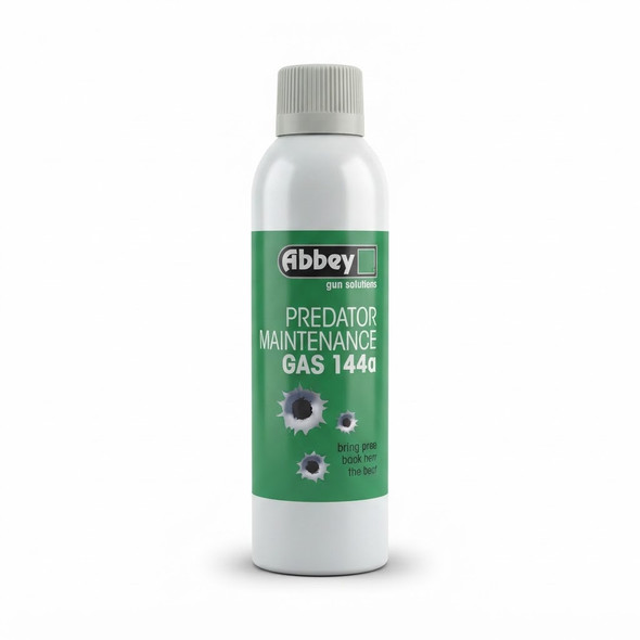 Studio shot of Abbey Predator Maintenance Gas 144a 270ml canister against a plain white background.
