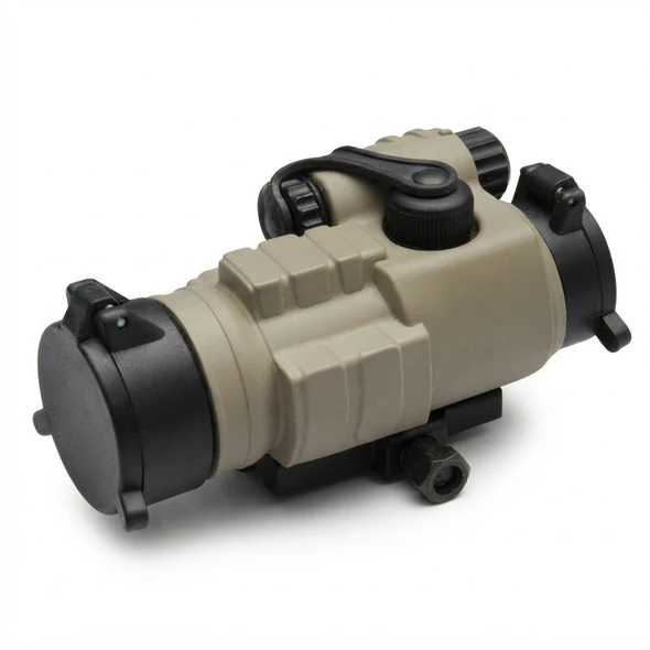 G&P Military Type 30mm Red Dot Rubber Sight Cover (Sand), angled view with black lens caps and adjustment knobs
