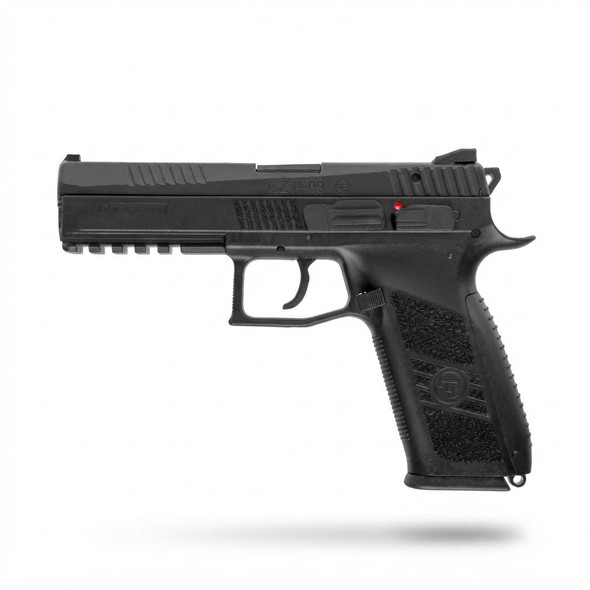 Full left side profile of the ASG CZ P-09 GBB Pistol (Black) floating against a clean white background.