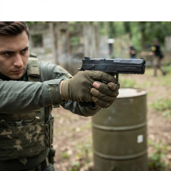A tactical operator using an ASG CZ P-09 GBB Pistol (Black) during an outdoor airsoft skirmish.