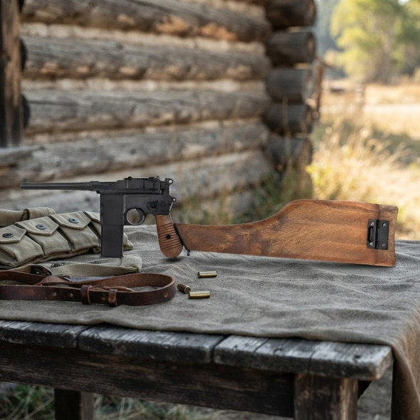 WE 712 M712 'Broomhandle Mauser' GBB Pistol with Stock/Holster displayed side-on atop a rustic table