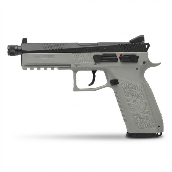 Side profile of the ASG CZ P-09 CO2 GBB Airsoft Pistol with Threaded Barrel - Urban Grey & Black on white background.