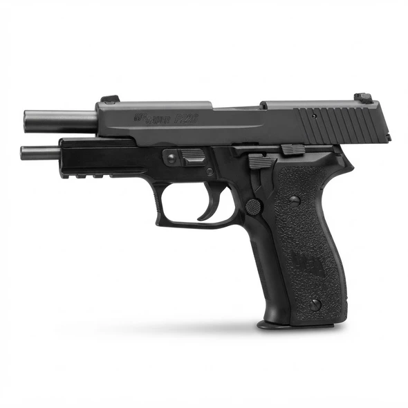 Side profile of the Tokyo Marui Sig Sauer P226 E2 GBB Airsoft Pistol featuring a textured grip and metal slide.