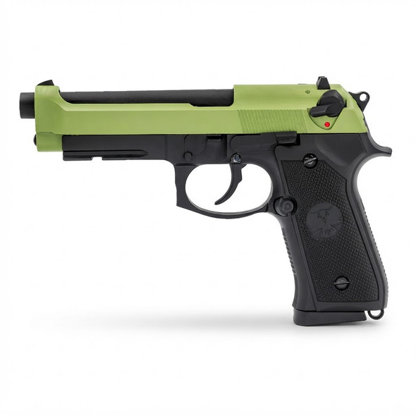 Side profile view of the Raven R9 Replica M92 Gas Blowback Airsoft Pistol in Black & Green on a white background.