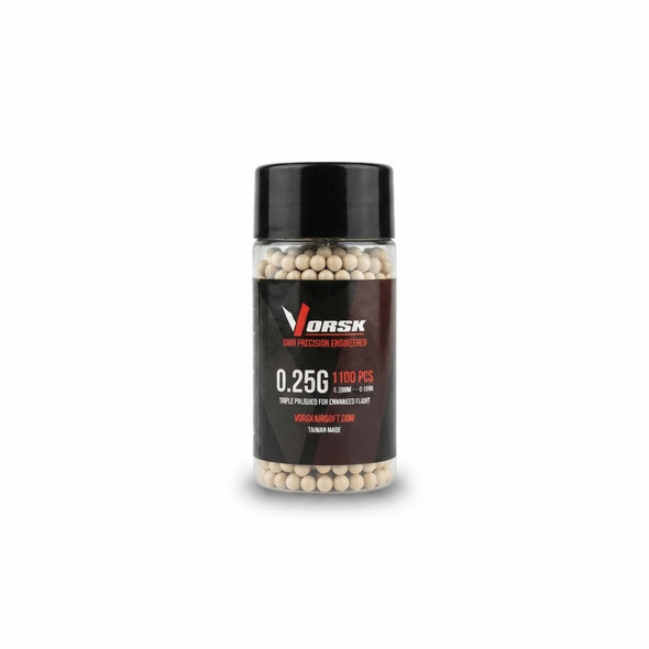 A studio shot of a black-capped plastic container filled with VORSK 1100 x 0.25g Airsoft BB Pellets in white.