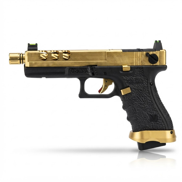 Side profile view of the Vorsk EU18 Vented Gas Blowback Airsoft Pistol in Gold studio shot on white background.