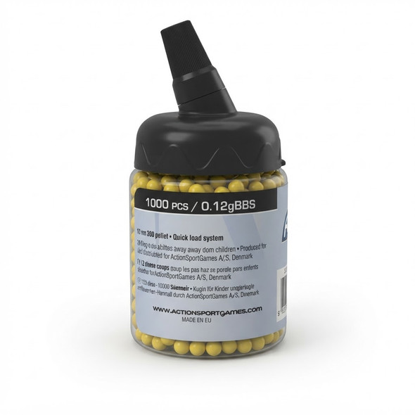 ASG 1000 x 0.12 bb pellets in a clear quick-load bottle, shown from the back on a white background
