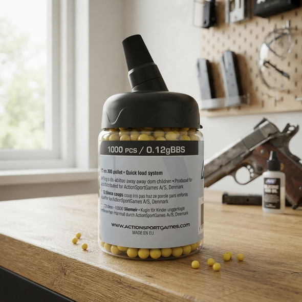 ASG 1000 x 0.12 bb pellets bottle with quick load nozzle, sitting on a wooden workbench with loose bbs and airsoft gear.