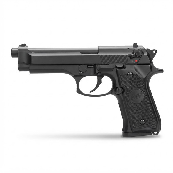 Side profile of the ASG M92 Non Blowback Gas Airsoft Pistol in Black on a white background.