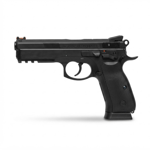 Side profile view of the ASG CZ 75 SP-01 Shadow Co2 NBB Airsoft Pistol in Black isolated on white.