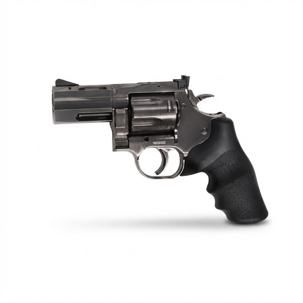 Side view of ASG Dan Wesson 2.5" Airsoft Revolver Co2 in Steel Grey with black textured grip on white
