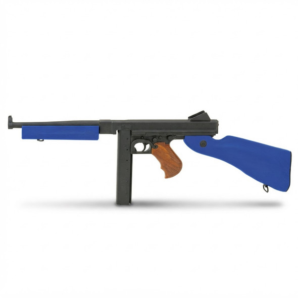 Side profile view of the Cyma CM033 Tommy Gun M1A1 AEG Rifle in Blue with a wooden pistol grip against white background.