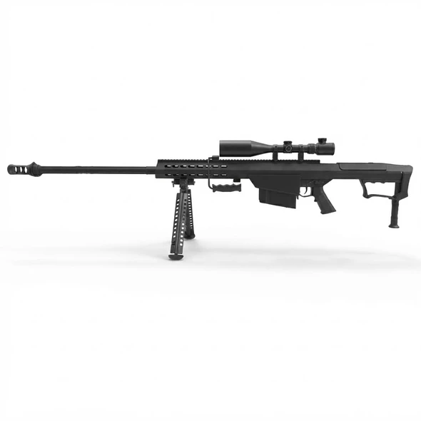 Snow Wolf SW-13 Metal M107A1 Airsoft Sniper Rifle AEG in Black, side view with scope and bipod on white background