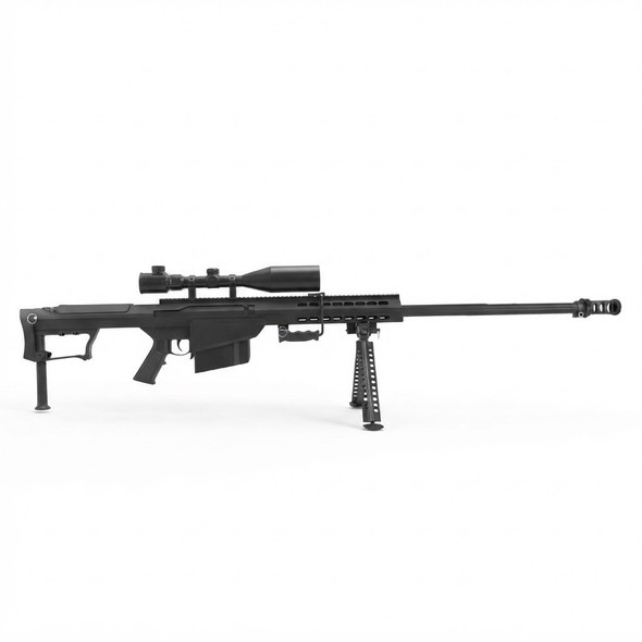 Snow Wolf SW-13 Metal M107A1 Airsoft Sniper Rifle AEG in Black, side view with scope and bipod on white background