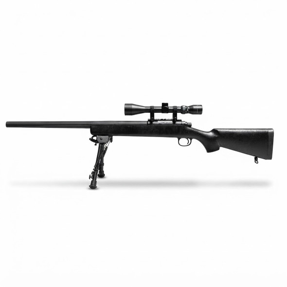 Snow Wolf VSR10 Airsoft Sniper Rifle with Scope & Bipod in Black shown from a clean side profile against white background.