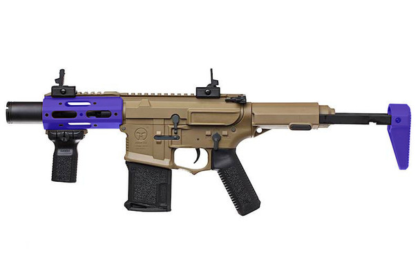 Ares Amoeba "Stubby" Honey Badger Airsoft AEG Rifle with Extendable Stock in Tan & Blue